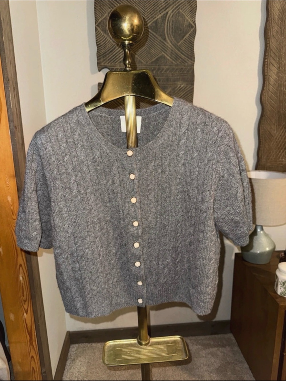 Gray Short-Sleeve Cashmere Cable Knit Button-Front Sweater